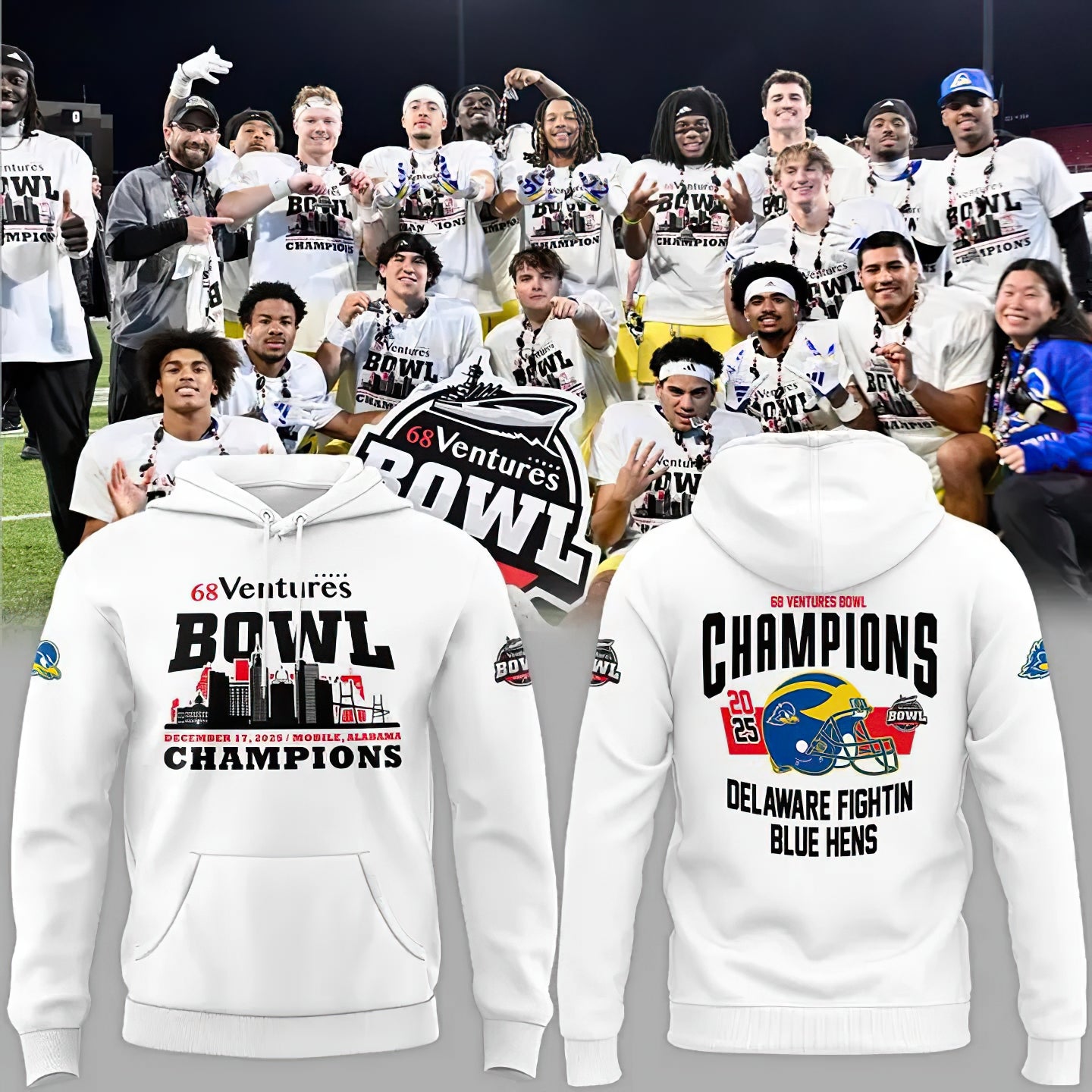 Delaware Fightin’ Blue Hens 2025 68 Ventures Bowl Champions Locker Room Hoodie