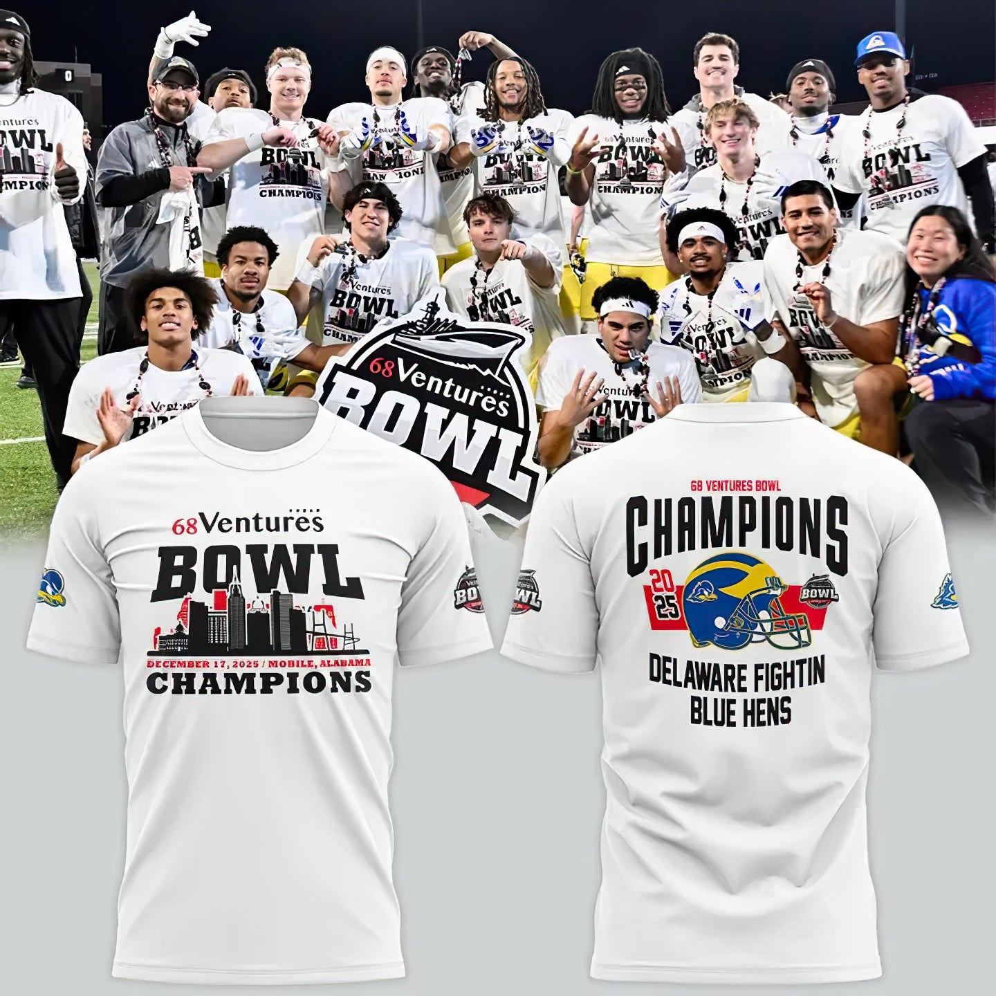 _ Delaware Fightin’ Blue Hens 2025 68 Ventures Bowl Champions Locker Room T-shirt
