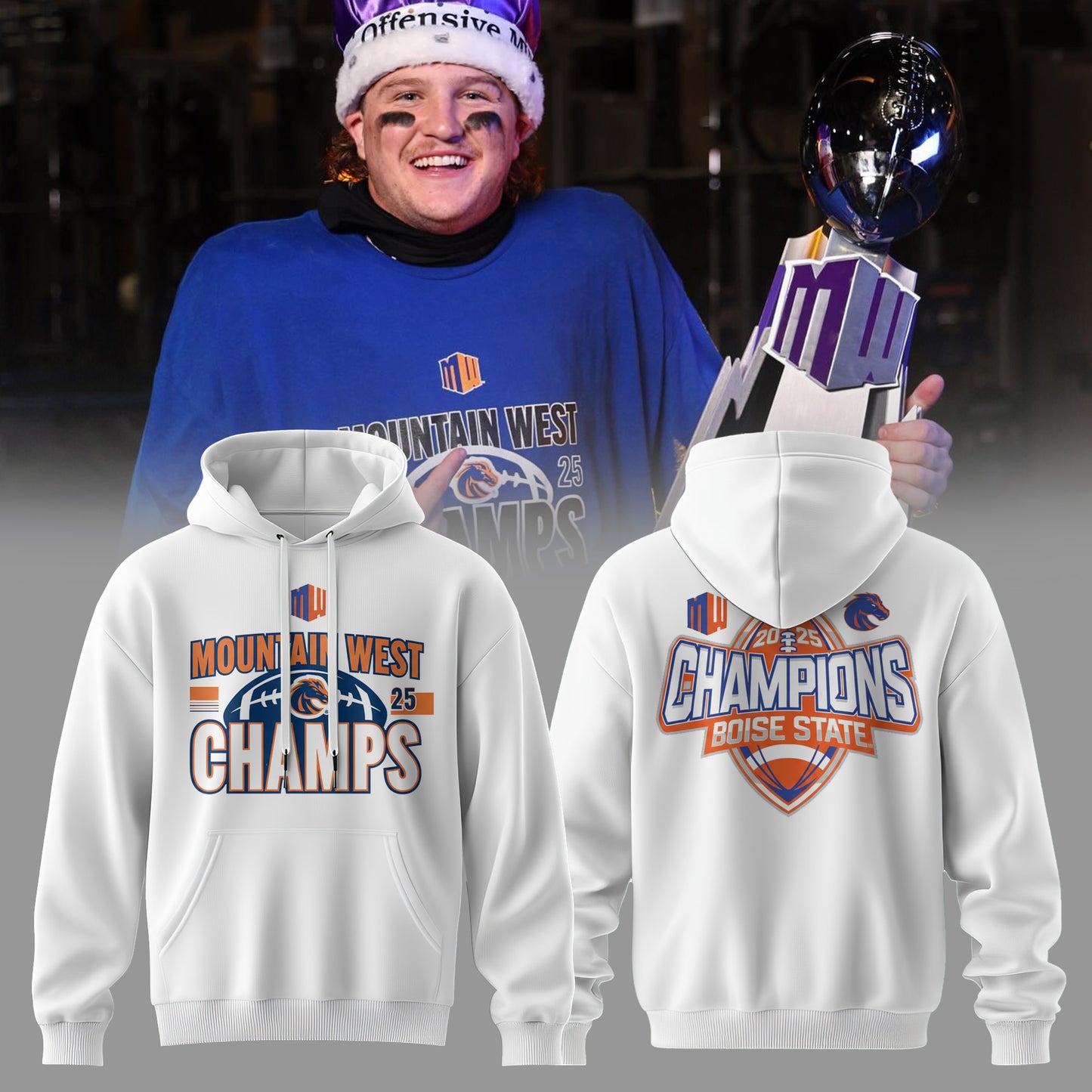 Boise State Broncos – Mountain West Champs White Hoodie 2025 🟦🏆