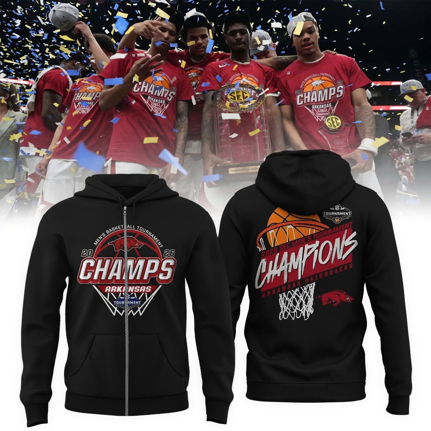 Arkansas Razorbacks Men's Basketball 2026 SEC Tournament Champions Locker Room ZipHoodie