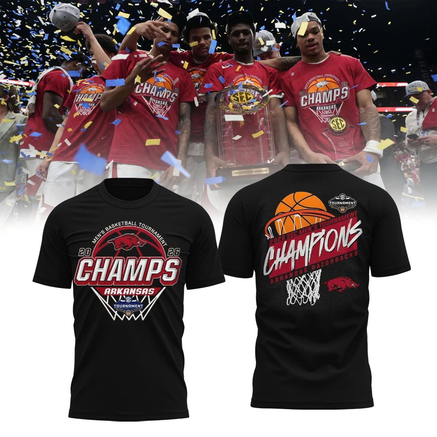 Arkansas Razorbacks Men's Basketball 2026 SEC Tournament Champions Locker Room Short Sleeve T-Shirt