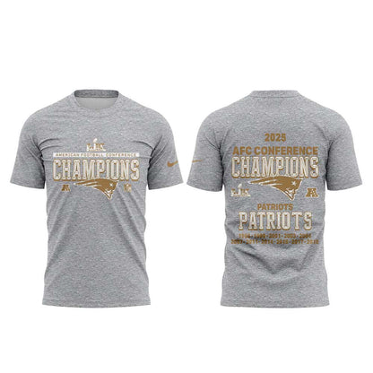NE Patriots 2025 AFC Champions Gold Gray Shirt