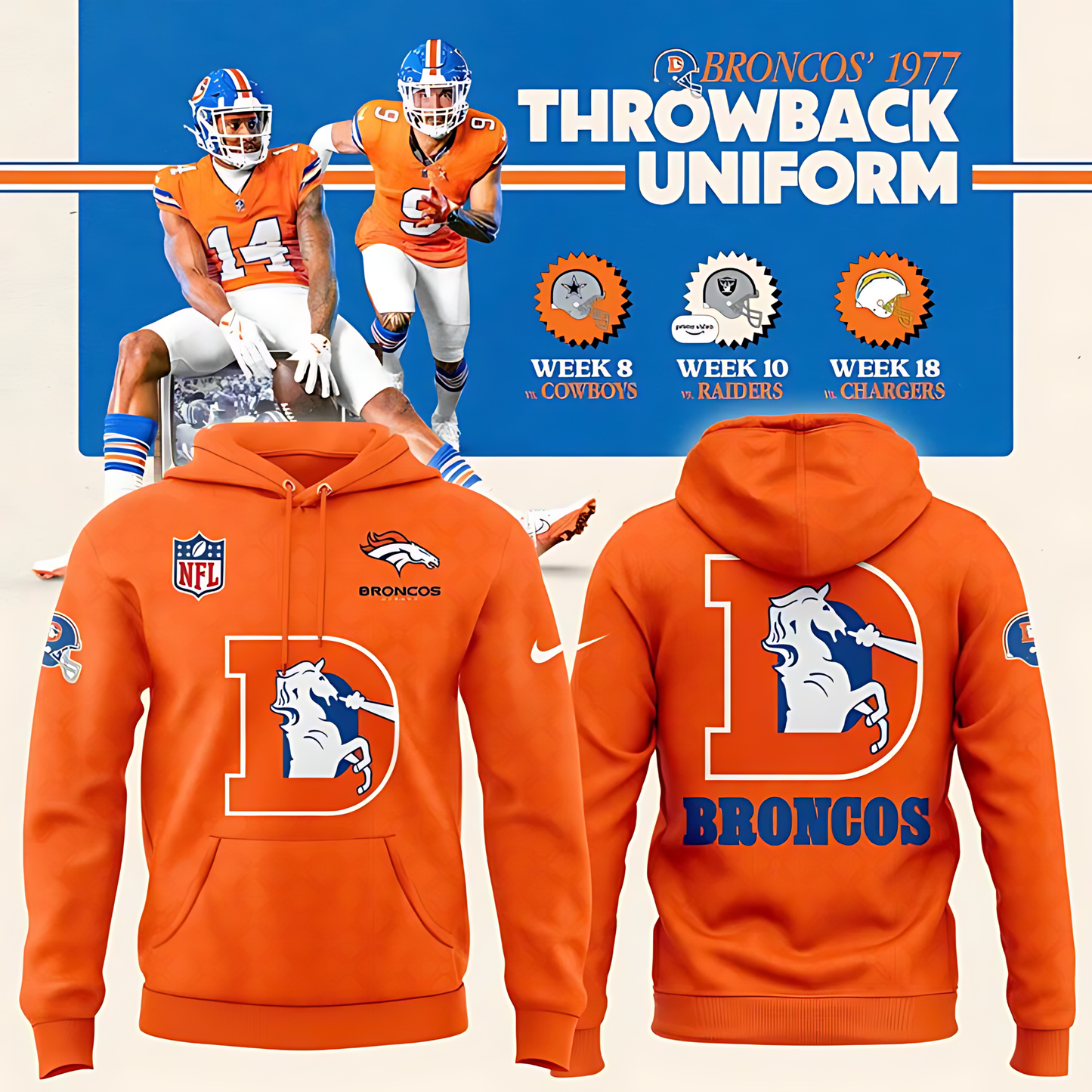 Men's NFL Denver Broncos Throwback 1977 Orange Hoodie