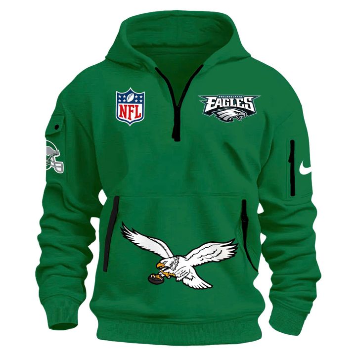 Men's NFL Philadelphia Eagles Throwback Green Quarter Zipper Hoodie