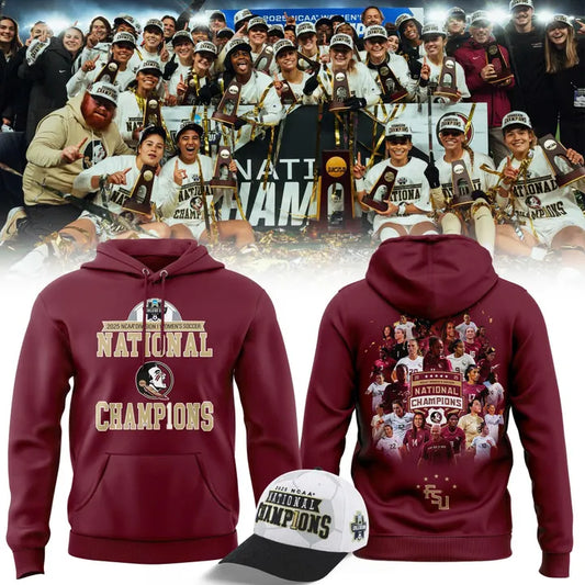 Unisex Champion White Florida State Seminoles 2025 NCAA Women's Soccer National Champions Locker Room Hoodie-V3(Red)