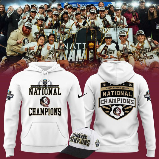 Unisex Champion White Florida State Seminoles 2025 NCAA Women's Soccer National Champions Locker Room Hoodie-V2(White)