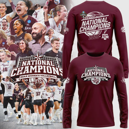 2025 Limited edition Long Tee Texas A&amp;M Aggies women's volleyball National Champions for fans.