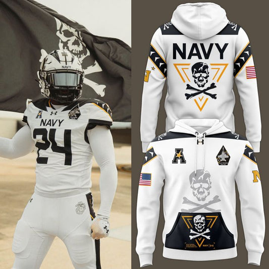 15. Men’s Under Armour White Navy Midshipmen 2024 Rivalry Shield Fleece Pullover Hoodie