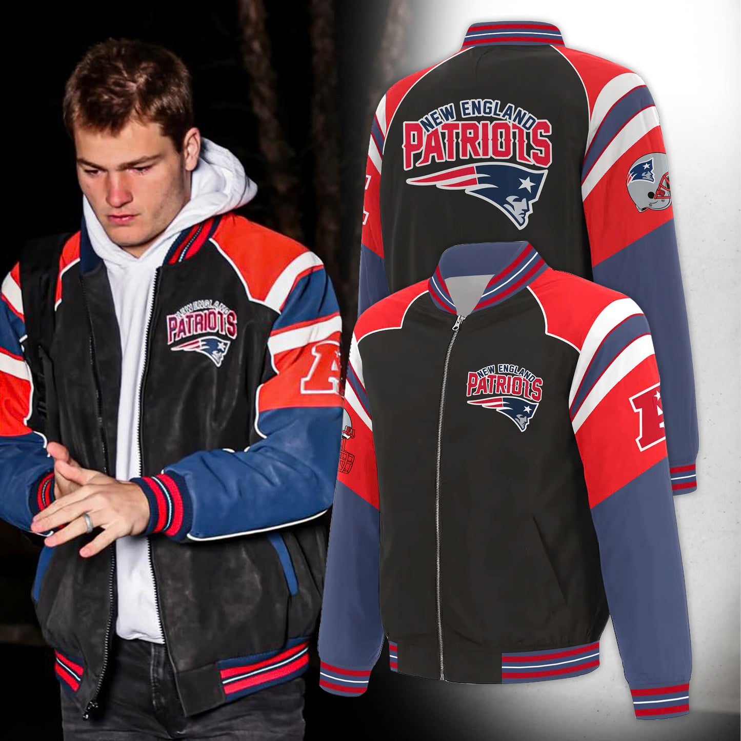 _ New England Patriots Black Raglan Full-Zip Varsity Jacket 2025